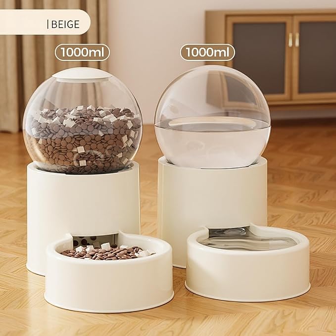 Automatic Pet Feeder and Water Dispenser Set with Pet Food Bowl,Gravity Dog Waterer and Food Feeder for Cats Dogs (Beige)