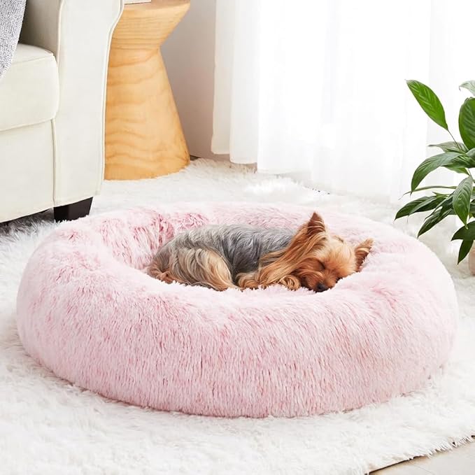 WNPETHOME Calming Dog Bed & Cat Bed Donut, Faux Fur Self-Warming Donut Cuddler, Comfortable Round Plush Pet Beds (27 x 27 x 8 Inch, Light Pink)