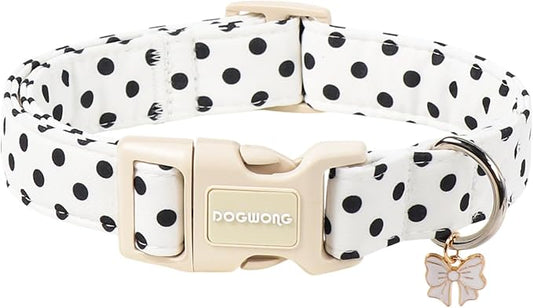 Spring Summer Dog Collar for Girl Dogs- White Polka Wedding Dog Collar, Adjustable Soft Beach Dots Dogs Collars for Small Dogs, S