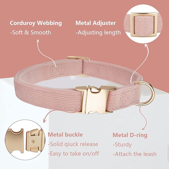 Soft Corduroy Dog Collar and Leash Set Adjustable Durable Dog Collars with Metal Buckle and Lead for Female Small Dogs,Baby Pink