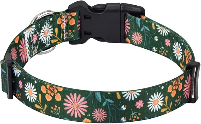 Mihqy Dog Collar with Bohemia Floral Tribal Geometric Patterns - Soft Ethnic Style Collar Adjustable for Small Medium Large Dogs(Dark Green Flower,S)
