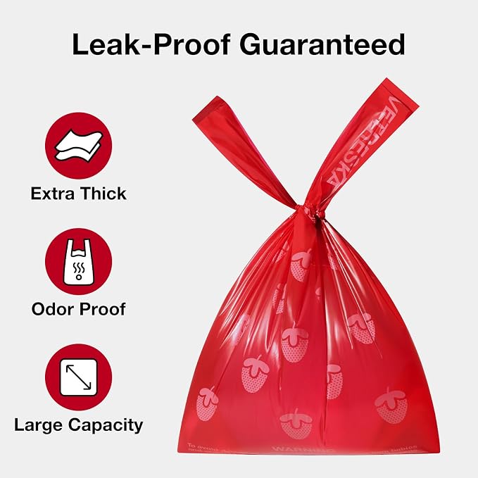 VETRESKA Dog Poop Bags with Handles 120 Count, Strawberry Scented Waste Bags, Leak-Proof Thick Dog Bags for Poop, Easy-Tie Large Poop Bags, 8 Refill Rolls for Dog Walking Cat Litter