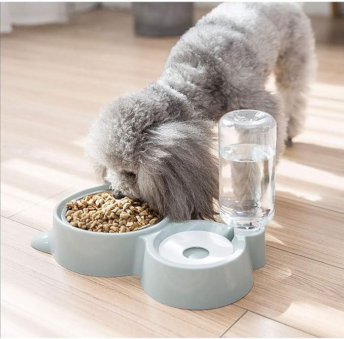 Double Dog Cat Bowls, Pets Water and Food Bowl Set with Detachable Stainless Steel Bowl, Automatic Water Dispenser Bottle No-Spill Pet Feeder for Cats Puppy and Small Dogs (Blue)
