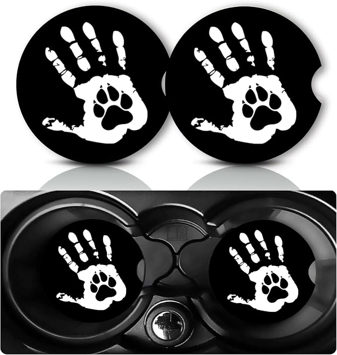 2Pack Handprints and Dog Paw Car Cup Holder Coaster,Handprints Gifts for Women Men,Vehicle Interior Drink Mat Reusable Neoprene Car Coasters for Cup Holders Decor,Dog Paws Automotive Accessories