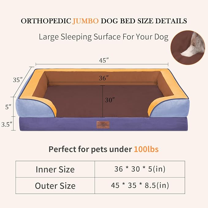 Comfort Expression Orthopedic Dog Bed for Extra Large Dogs 45x35 Inch, Waterproof Egg Crate Foam XL Pet Bed with Bolsters, Dog Couch with Washable Cover & Non-Slip Bottom, Honey Lavender