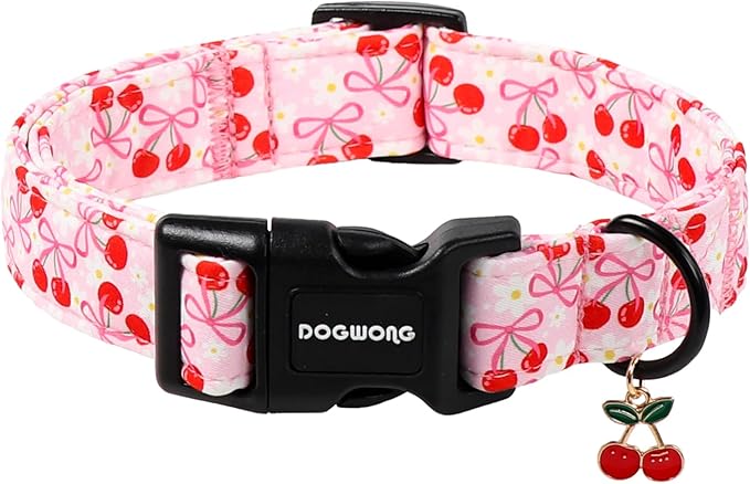 DOGWONG Pink Dog Collar- Cute Cherry Flower Dog Collars Adjustable Girl Female Dog Collar for Small Dogs, S