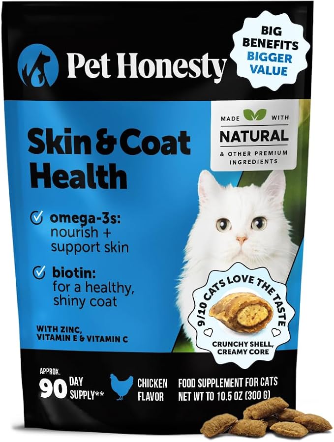 Cat Skin & Coat Health Chews – Crunchy & Creamy Treats with Omegas, Vitamin C & E, Biotin – Soothes Itchy, Dry Skin, Reduces Shedding & Promotes a Shiny Coat – Cat Vitamins (Chicken 90-Day Supply)