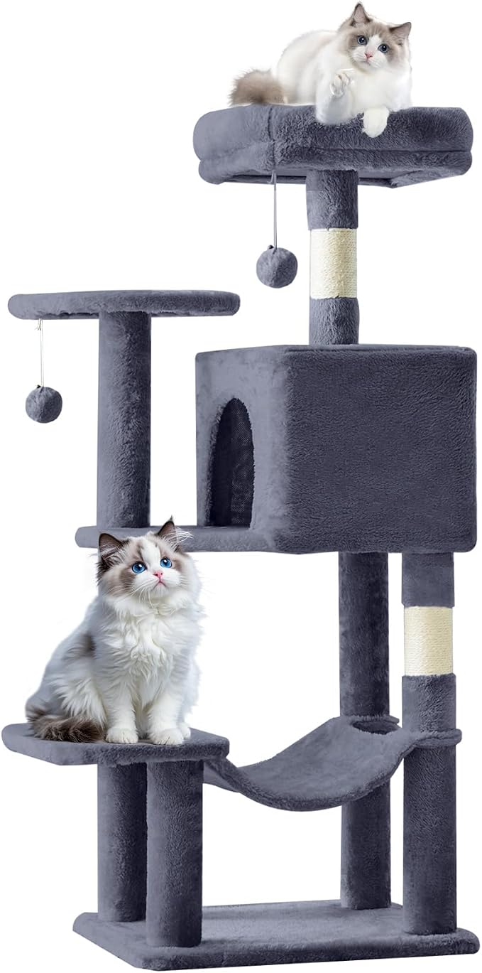 Sweetcrispy 44 Inch Cat Tree Tower, Cat Climbing Tower with Natural Sisal Scratching Posts, Hammock, Pet Condo for Indoor Cats and Kittens Play, Dark Grey