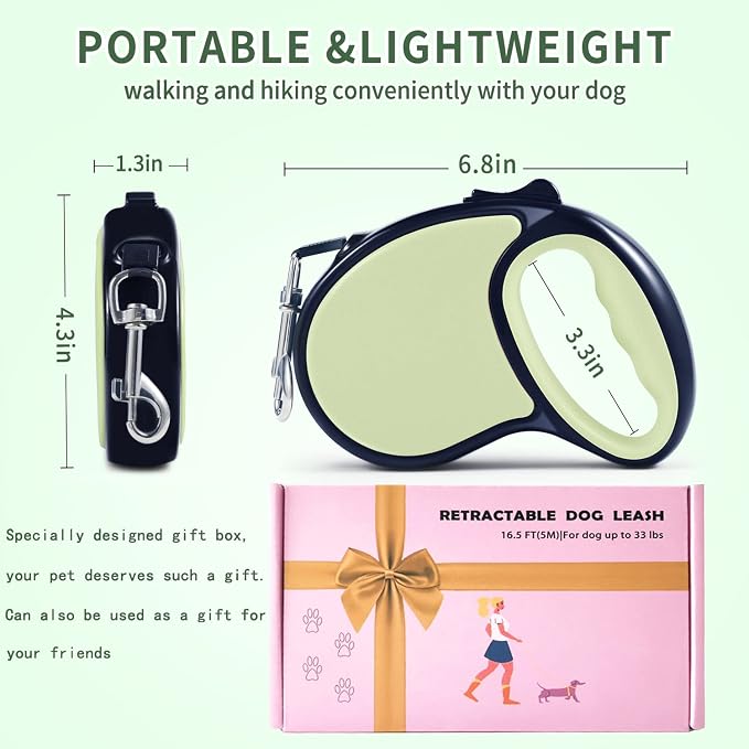 Retractable Dog Leash,[Strong Nylon Tape][One-Handed One Button Lock] for Small Medium Dogs and Cats,16ft Pet Walking Leash with 360°Tangle-Free Design,Anti-Slip Handle,Gift Package (Light Green)