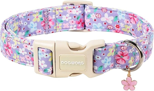 Spring Floral Dog Collar for Girl Dogs- Lavender Purple Flower Female Dog Collar, Adjustable Soft Cute Dogs Collars for Large Dogs, L