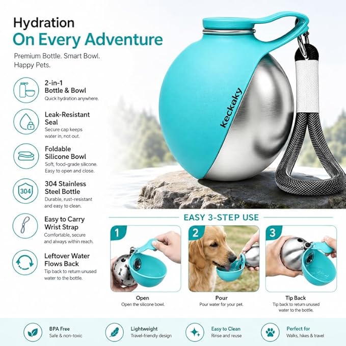2 in 1 Portable Dog Water Bottle, 2026 New 10oz Spherical Stainless Steel Pet Bottle with Silicone Foldable Bowl, No-Spill Leak-Proof Design, Dog Water Bottle for Walking, Hiking, Travel (Pink+Blue)
