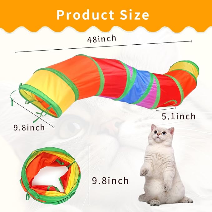 SUSWIM Cat Tunnel,Pet Cat Tunnels for Indoor Cats Large,Collapsible Cat Tunnel Maze Toy Shape S,Rainbow Colors.