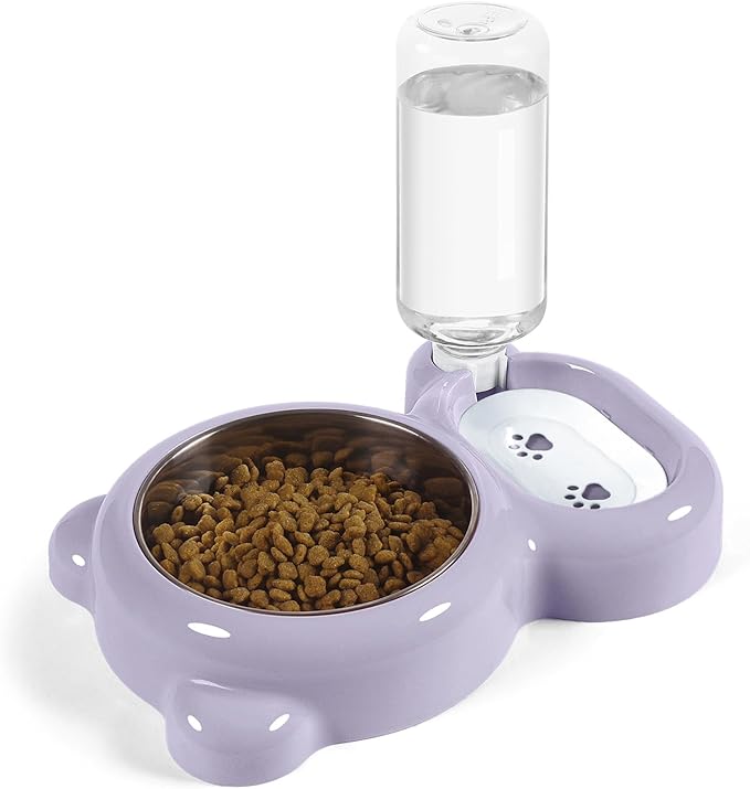 Double Dog Cat Bowls, Cat Food and Water Bowl Set with Auto-Water Dispenser and Stainless Steel Bowl Feeder for Small Size Dogs & Cats, Anti-Slip & Splash Design, Cute Purple