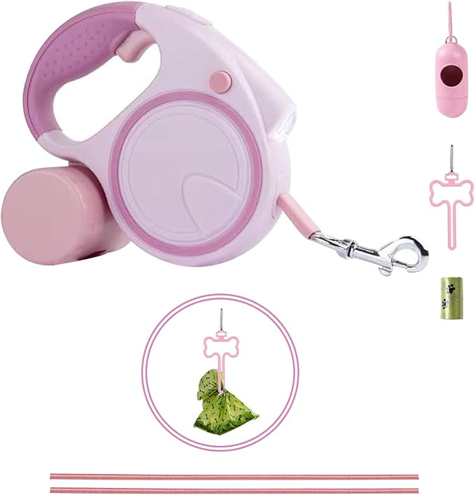 Best Dog Supplies | Pink Retractable Dog Leash with Light, Poop Bag Dispenser, Poop Bag Holder, 2 Elastic Ropes | Set of 4
