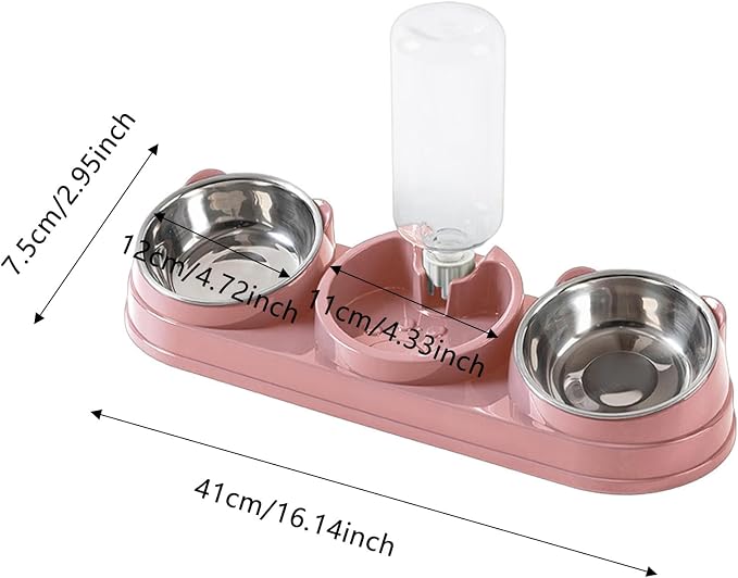 3 in 1 Cat Bowls Pet Feeder with Water Dispenser, 15° Raised Cat Dish Food and Water Bowls Set for Wet/Dry Food, Triple Pet Feeding Station for Rabbit Kitten Bunny (Grey)