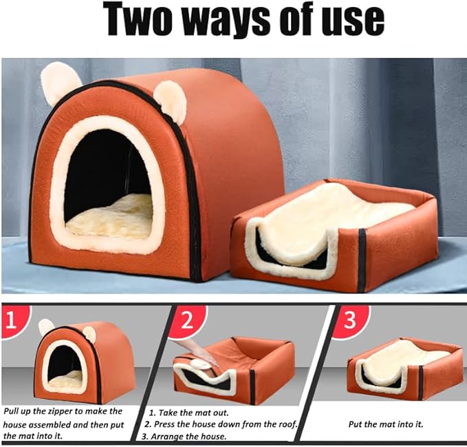 Cat Bed or Dog Bed,2 Ways to Use,Indoor Pet House with Fluffy Mat,Removable and Washable Cover,Non-Slip Bottom,for Cats and Small Dogs(S Black Cranes)