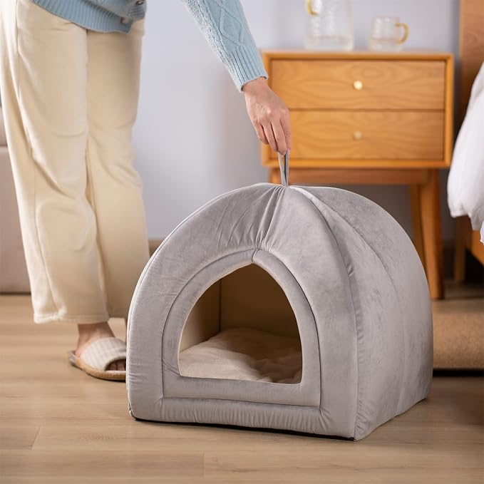 KASENTEX Cat Bed for Indoor Cats, 2-in-1 Cat House Pet Bed and Pet Supplies for Kitten and Small Cat or Dog - Animal Cave, Cat Tent with Removable Machine Washable Pillow Cushion (Grey 15x15x15)