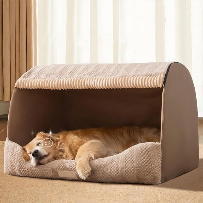 Large Dog House Indoor, Foldable Pet House Bed with Removable Plush Cushion, Warm Covered Dog Cave Nest Bed for Small Medium Extra Large Dogs (Brown, Large)
