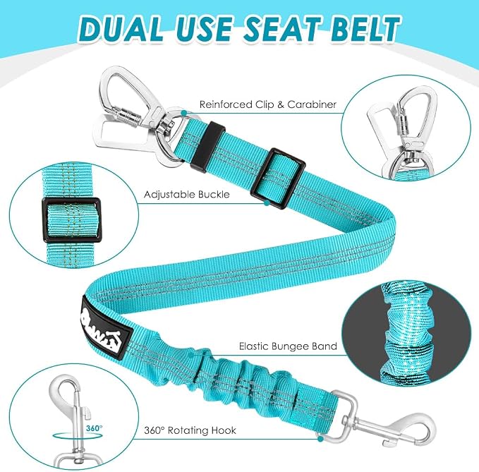 SlowTon Dog Seatbelt, 2 Pack Dog Seat Belt Car Leash Adjustable Elastic Bungee Buffer Heavy Duty Nylon Reflective Pet Safety Tether Connect to Dog Harness for Travel Riding in Vehicle (Daul Clip, TB)