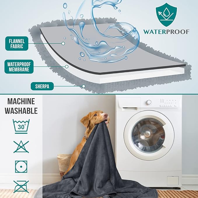 PetAmi Premium Waterproof Dog Blanket for Large Dogs, Reversible Sherpa & Flannel Fleece, Leakproof Pet Throw for Couch Protection, Soft Plush Furniture Protector for Cats, Washable, 60x80 Grey
