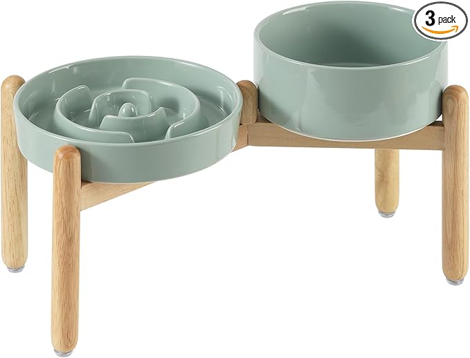 Havniva 8.2” Raised Slow Feeder Dog Bowls Set, 1.6 Cups Ceramic Slow Feeder Dog Bowl and 7.3” Dog Water Bowl with Elevated Wooden Stand Puzzle Dog Food Bowl for Medium Dogs Anti-Gulping & Anti-Choking