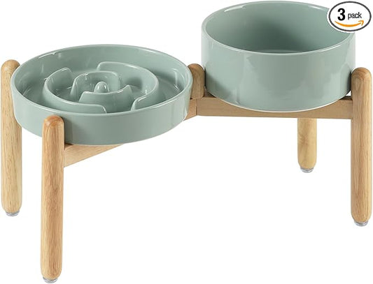 Havniva 8.2” Raised Slow Feeder Dog Bowls Set, 1.6 Cups Ceramic Slow Feeder Dog Bowl and 7.3” Dog Water Bowl with Elevated Wooden Stand Puzzle Dog Food Bowl for Medium Dogs Anti-Gulping & Anti-Choking