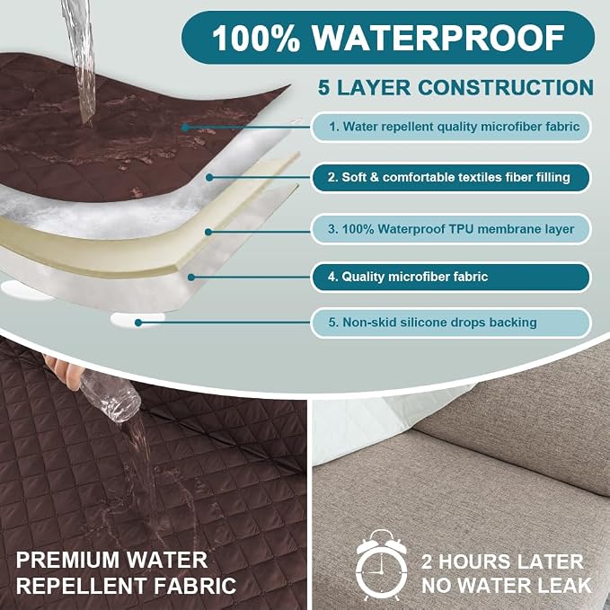 Turquoize 100% Waterproof Futon Cover Futon Slipcover Washable Armless Sofa Bed Slipcover Protector Seat Width Up to 70" with Adjustable Elastic Strap Anti-Slip for Dogs, Brown