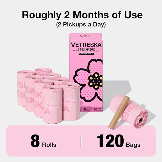 VETRESKA Dog Poop Bags with Handles 120 Count, Floral Scented Waste Bags, Leak-Proof Thick Dog Bags for Poop, Easy-Tie Large Poop Bags, 8 Refill Rolls for Dog Walking Cat Litter