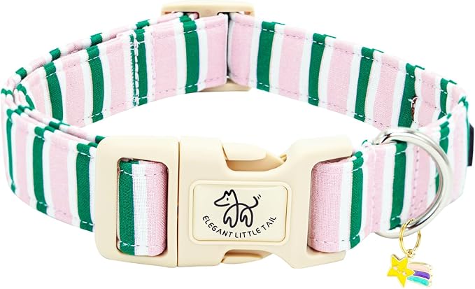 Elegant little tail Dog Collar, Cute Pink with Green Strip Pattern Pet Collars Soft Girl or Boy Adjustable Cotton Puppy Collar with Quick Release Buckle for Large Dogs