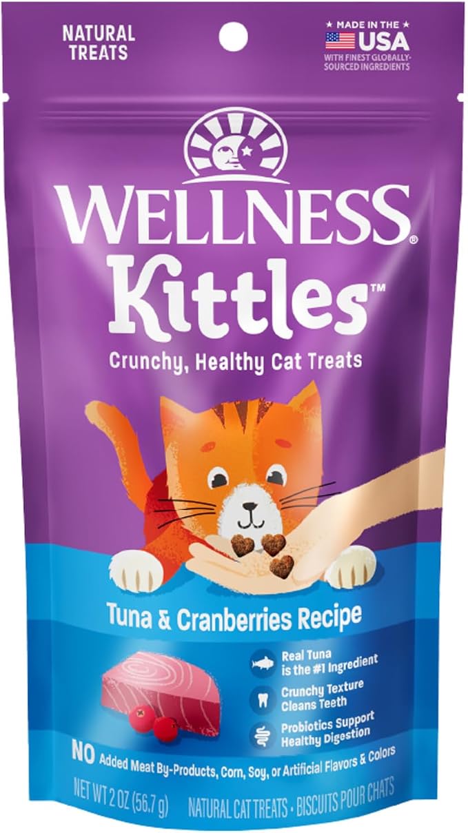 Wellness Kittles Crunchy Cat Treats, All Lifestages, Kitten to Senior, Natural, Grain Free, Tuna and Cranberry Flavor, 2 oz Bag