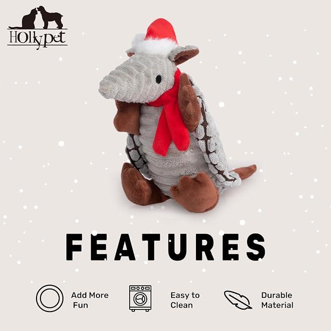 Hollypet Plush Dog Squeaky Toy Stuffed Armadillo Animal Pet Puppy Chew Toys with Clean Teeth for Small Medium Large All Breed Sizes Dogs, Christmas Gray, 8 in