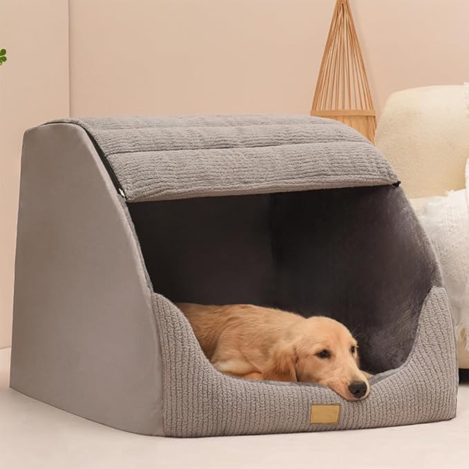 Large Dog House Indoor, Soft Plush Dogs Cave Bed Covered Pet Bed with Fluffy Washable Cushion, Portable Dog/Cat Pet Tent House for Medium Large Dogs (Grey, Medium)