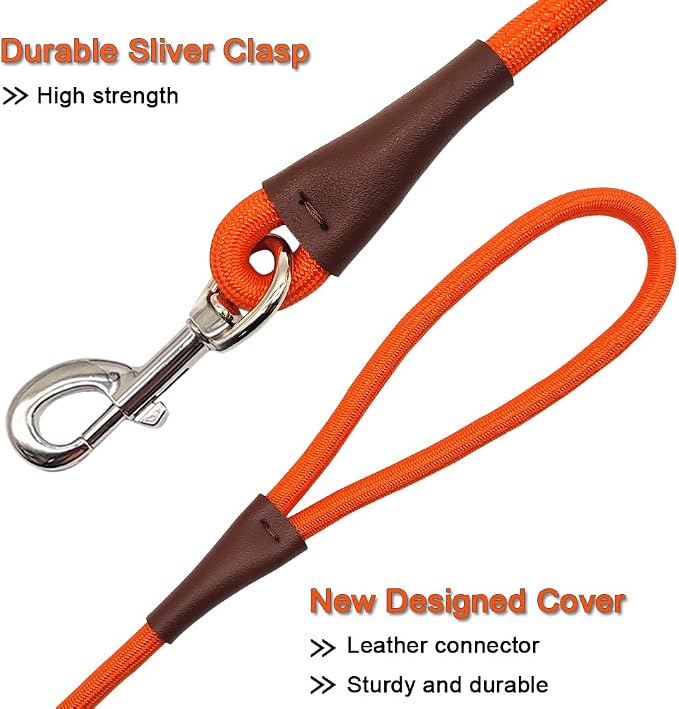MayPaw 4/6 /8/10 FT Dog Leash, Classic Solid Colors, Strong Nylon Rope Dog Leash Reinforced with Leather Tailor Connection Heavy Duty Silver Clasp (Orange, 8ft*1/2")