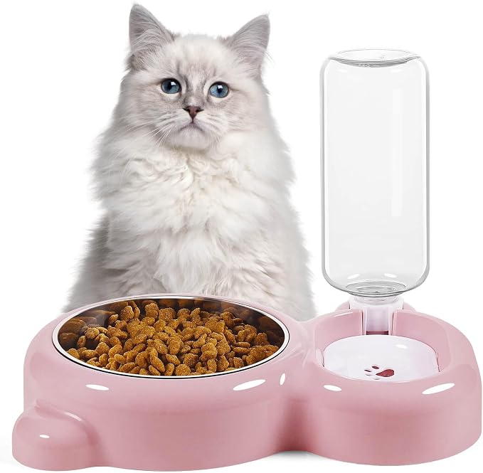 Double Dog Cat Bowls, Cat Food and Water Bowl Set with Auto-Water Dispenser and Stainless Steel Bowl Feeder for Small Size Dogs & Cats, Anti-Slip & Splash Design, Cute Pink