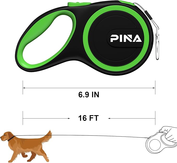 PINA Retractable Dog Leash, 16ft Dog Leash for Small Medium Dogs Up to 44lbs, 360° Tangle-Free Strong Reflective Nylon Tape, with Anti-Slip Handle, One-Handed Brake, Lock - Black Green