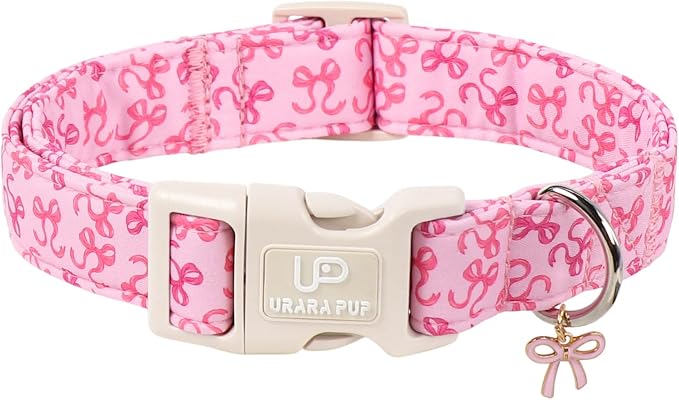 Pink Bow Dog Collar | Cute Aesthetic Cotton Collar | Soft Girl Puppy Collar | Adjustable Small Medium Dog Collar | Coquette Pet Style
