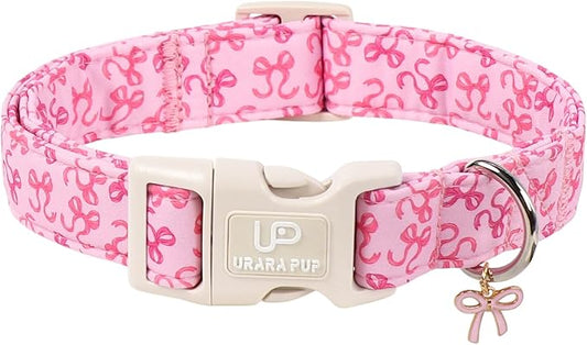 Pink Bow Dog Collar | Cute Aesthetic Cotton Collar | Soft Girl Puppy Collar | Adjustable Small Medium Dog Collar | Coquette Pet Style