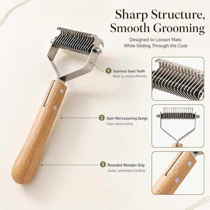 Pet Grooming Combo - Extra Large 2-Sided Wooden Pet Comb, Pet Pro Grooming tool Detangling and Dematting Long, Matted Fur on Cats and Dogs