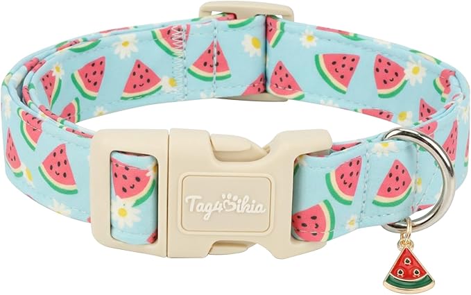 Summer Dog Collar, Cute Light Blue Puppy Collar with Watermelon Pattern, Cotton Adjustable Dog Collars for Small Medium Large Dogs, Gift for Boys Girls Dogs-L