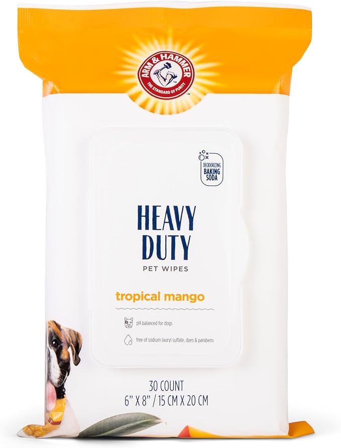 Arm and Hammer for Pets Heavy Duty Multipurpose Dog Bath Wipes, Mango Scent, Travel Size - All Purpose Wipes That Remove Odor and Refresh Dog Coat Between Baths, 30 Count