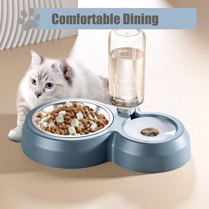 Double Dog Cat Bowls, Cat Food and Water Bowl Set with Auto-Water Dispenser and Stainless Steel Bowl Feeder for Small Size Dogs & Cats, Gift of Anti-Slip Mat, Chic Blue
