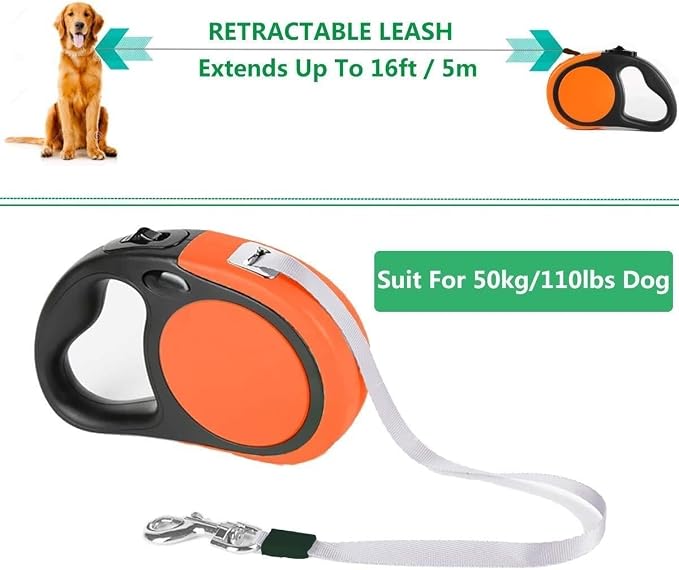 Dual Retractable Dog Leash for Small Breed (Up to 44 Lbs Each) - Double Headed 18.5 ft Extendable Pet Leash with Poop Bags, Non Slip Grip - One Button Break & Lock, 360 Tangle-Free (Orange, Medium)