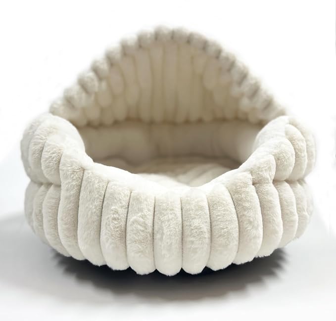 Hooded Cat Beds for Indoor Cats，Cozy Dog Cave Bed,Cozy Nook Dog Bed for Small Dogs,Anti-Slip Puppy Bed Fits up to 22 lbs for Dogs or Cats(White Stripe, Medium)