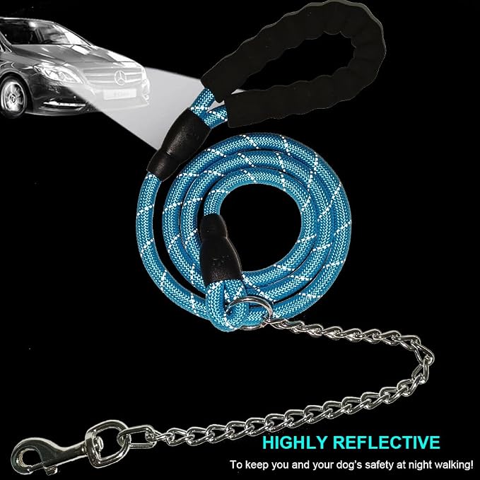 BTINESFUL 6FT Chewproof Dog Leash, Strong Nylon Rope with Anti-Chewing Chain and Padded Handle for Medium Large Dogs Outdoor Training Walking Hiking (Blue)