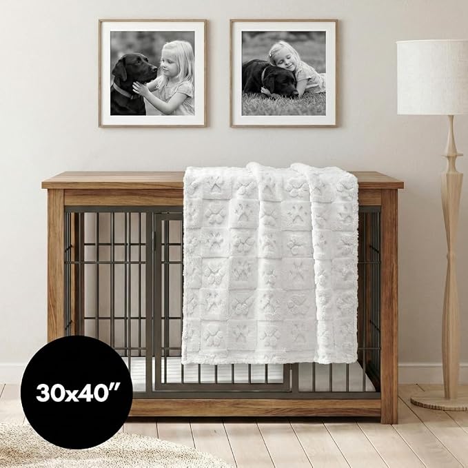 Americanflat 30x40 Jacquard Fleece Throw Blanket - Soft and Breathable Pet Blankets for Couches, Bed, Chair - Fleece Blanket for Home, Bedroom, or Outdoor - Cream Paw Print Blankets for Dogs or Cats