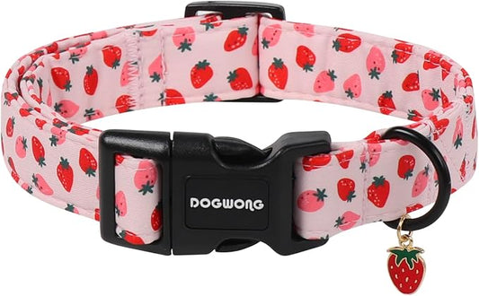 Pink Strawberry Dog Collar for Girly Dogs- DOGWONG Spring Summer Girl Strawberry Dog Collar, Adjustable Soft Cute Dogs Collars for Medium Dogs, M