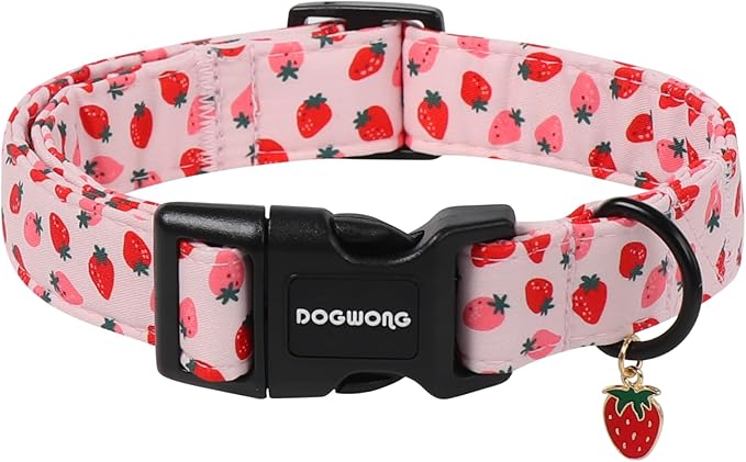 Pink Strawberry Dog Collar for Girly Dogs- DOGWONG Spring Summer Girl Strawberry Dog Collar, Adjustable Soft Cute Dogs Collars for Large Dogs, XL