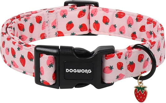 Pink Strawberry Dog Collar for Girly Dogs- DOGWONG Spring Summer Girl Strawberry Dog Collar, Adjustable Soft Cute Dogs Collars for Small Dogs, S