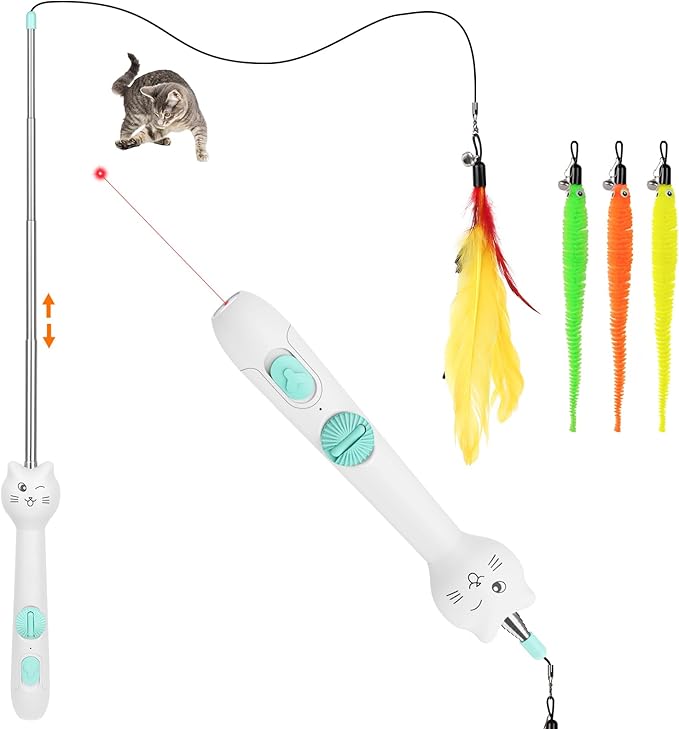 TBTeek Cat Toy, 2in1 Light and 22" Retractable Pole with Feather, Rechargeable, 5 Modes, Interactive Wand Toy for Indoor Cat Kitten Dog 3 Refills