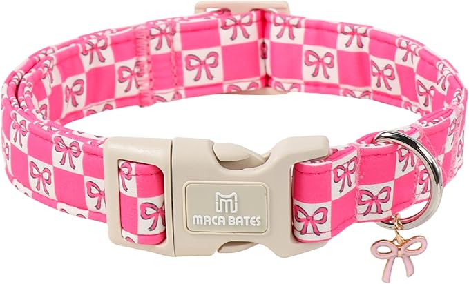 Maca Bates Pink Basic Dog Collar with Sailor Bow Charm for Extra Small Girl Dogs, Girly Cute Checkered Bowtie Pattern,Feminine Style,Adjustable Durable Soft Collars Birthday Gift for Female Puppy